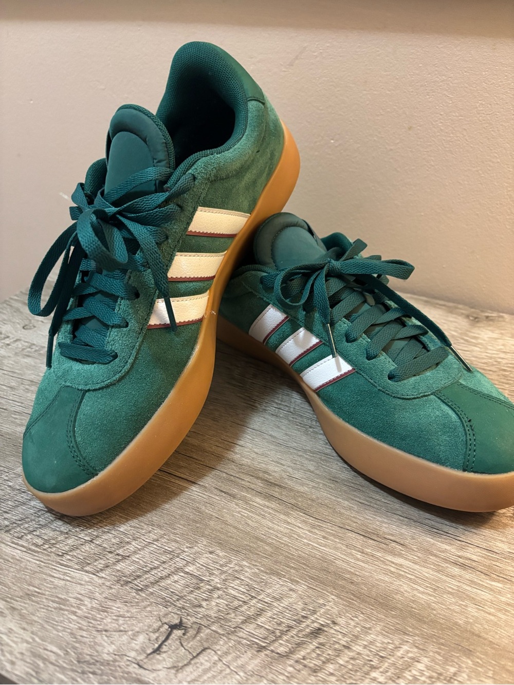 adidas Green Suede Sneakers with Gum Sole and White Stripes